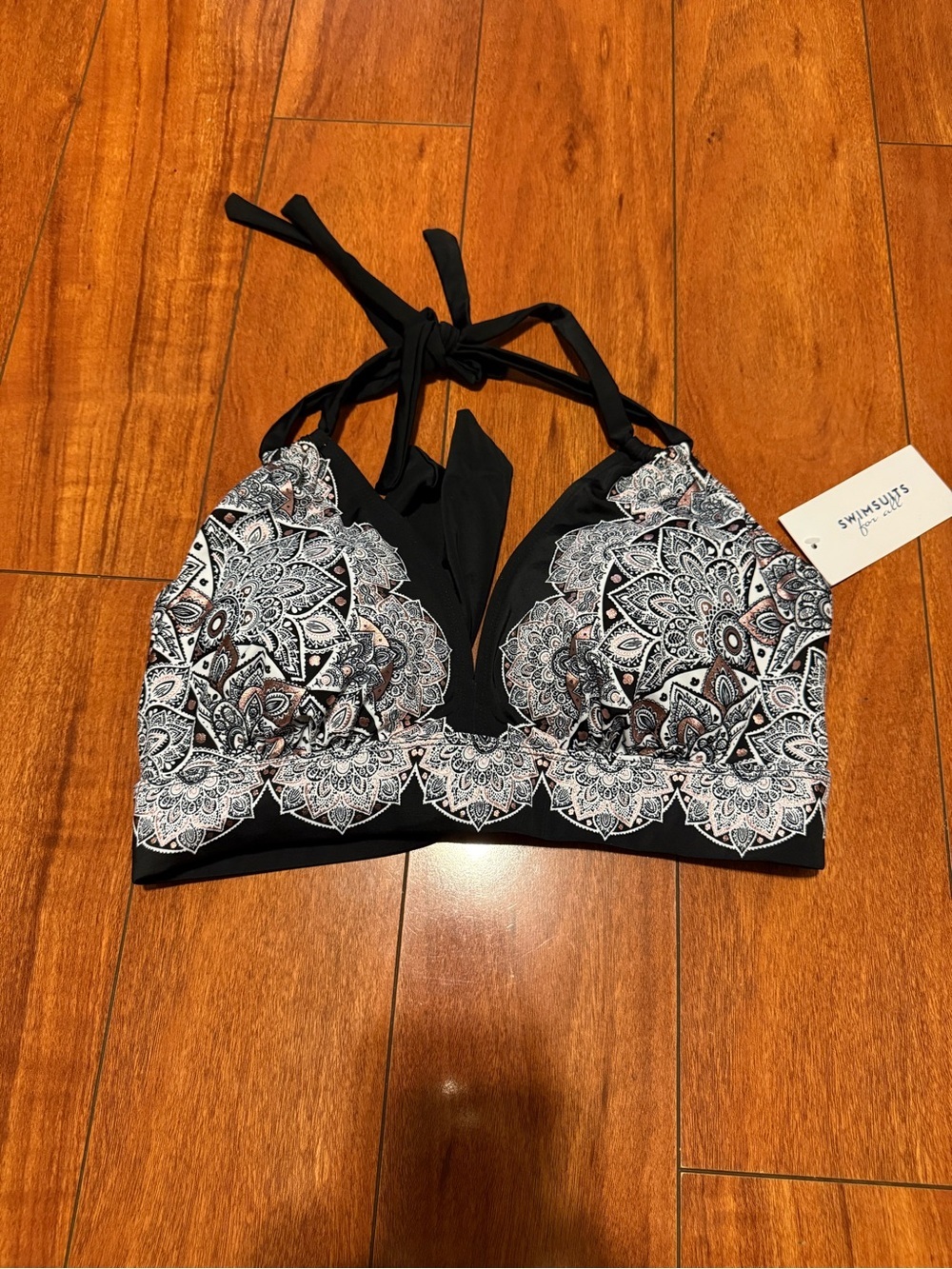 NWT Swimsuits For All Black Paisley Lace-Trim Halter Bikini Top